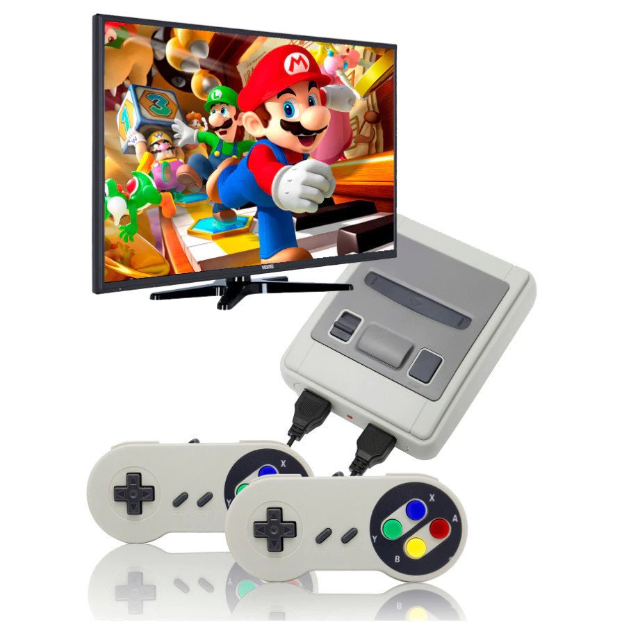 Console conectado à TV rodando um jogo retrô com dois controles
